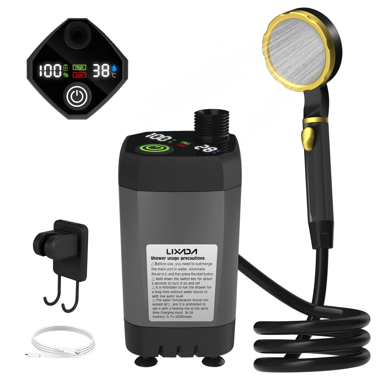 Portable Outdoor Camping Shower Kit – 6000mAh Digital Display Pump for RV & Travel